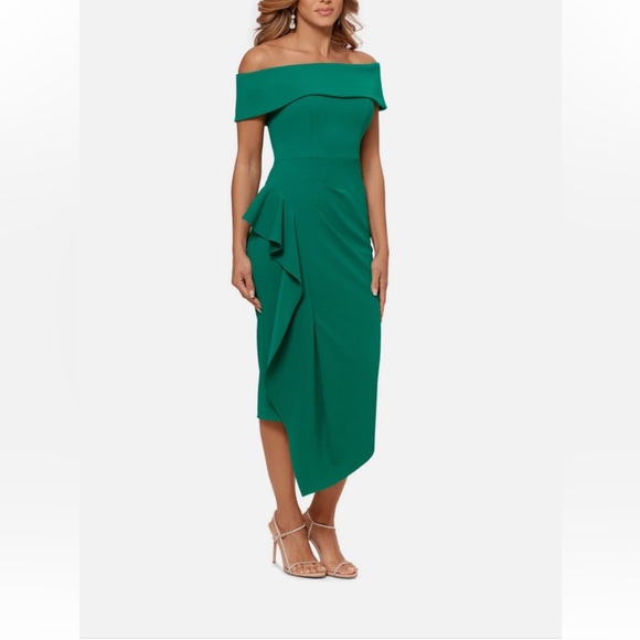 NEW BETSY & ADAM Women Green Asymmetrical Hem Slit Off The Shoulder Sheath Dress - Picture 4 of 9